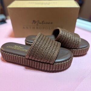 Anthropologie Chocolate Woven Platform Slides
